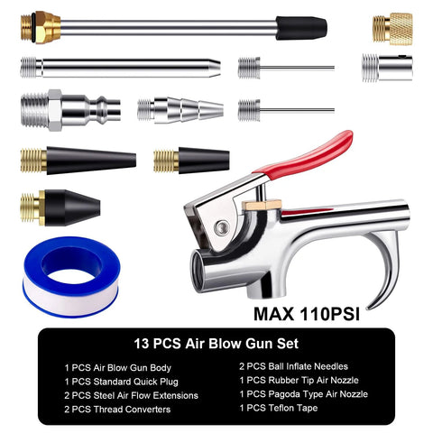13-Piece 2-Way Air Nozzle Kit with Quick Connects, featuring air blow gun, eight nozzles, adapters, and quick-fitting adapter.