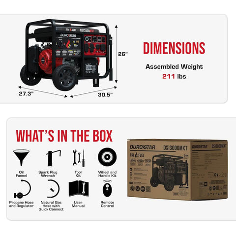 Specifications and contents for 13,000-Watt Tri Fuel Portable Generator With Remote Electric Start, CO Alert, RV ready, storm backup.