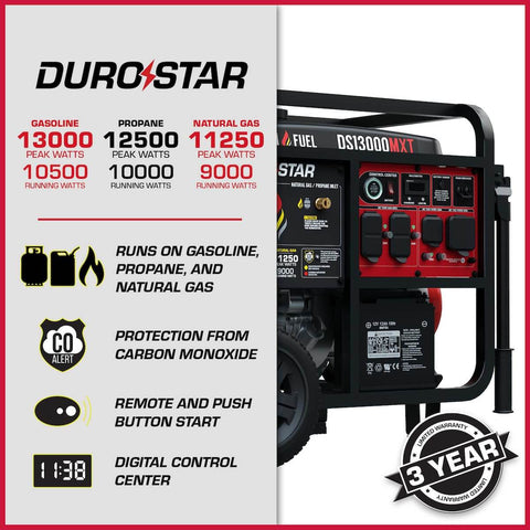 13,000-Watt Tri Fuel Portable Generator With Remote Electric Start, displaying controls and fuel options for gas, propane, natural gas.