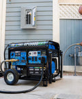 Tri Fuel 13,000 Watt Portable Generator Gas Propane Natural Gas With CO Alert For Home Backup installed outside home