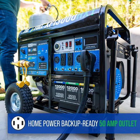 Tri Fuel 13,000 Watt Portable Generator Gas Propane Natural Gas With CO Alert For Home Backup in use, equipped with 50 AMP outlet.
