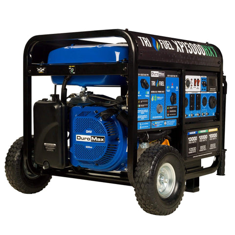 Tri Fuel 13,000 Watt Portable Generator Gas Propane Natural Gas With CO Alert For Home Backup, black and blue unit side view