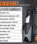 KSEIBI 1300 PSI Electric Pressure Washer with Aluminum Pump and Specifications Chart, Ideal for Cars and Patio Cleaning