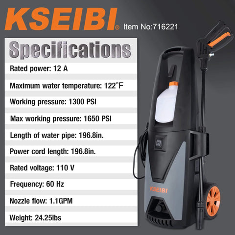 KSEIBI 1300 PSI Electric Pressure Washer with Aluminum Pump and Specifications Chart, Ideal for Cars and Patio Cleaning