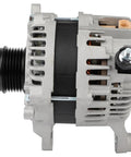 Side view of Beefed Up High Output 130 Amp 12V Alternator For Subaru Forester 2.0L 2014 2018 And 2.5L 2014 2016 2018 With 6 Groove Clutch Pulley Internal Regulator And Internal Fan OE 11683 Replacement showing 6 groove pulley and metal casing
