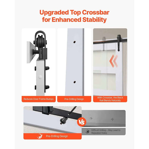 Collage showcasing a sliding barn door with upgraded top crossbar and pre-drilling design for enhanced stability.