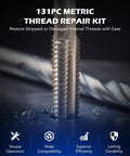 Close-up of Metric Thread Repair Kit with HSS drill bits and thread inserts for rethreading, highlighting repair efficiency.