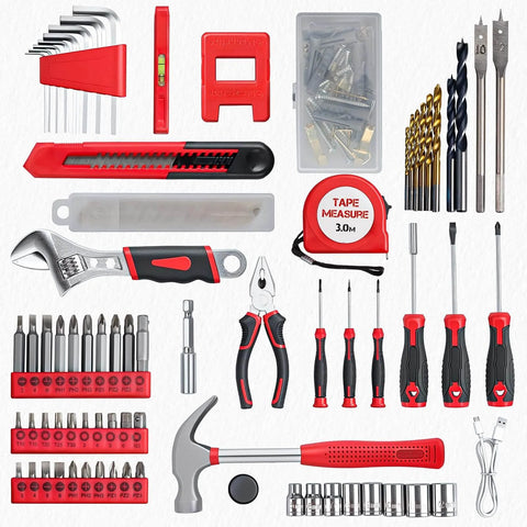 Cordless Drill Set With 132 Piece Home Tool Kit and LED Light for DIY Enthusiasts and Home Repairs including pliers, screwdriver bits, and tape measure