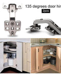 ✝️ 2-Pack 2PCS Cabinet Hinges, Pocket Door Hardware Gate Hinges Easy Install Home Cupboard Folded Kitchen Cabinet 135 Degree, Full Overlay Face Frame Concealed Corner Cabinet Hardware 135° Stainless Steel showing installation and use in kitchen cabinets.