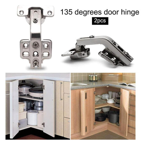 ✝️ 2-Pack 2PCS Cabinet Hinges, Pocket Door Hardware Gate Hinges Easy Install Home Cupboard Folded Kitchen Cabinet 135 Degree, Full Overlay Face Frame Concealed Corner Cabinet Hardware 135° Stainless Steel showing installation and use in kitchen cabinets.