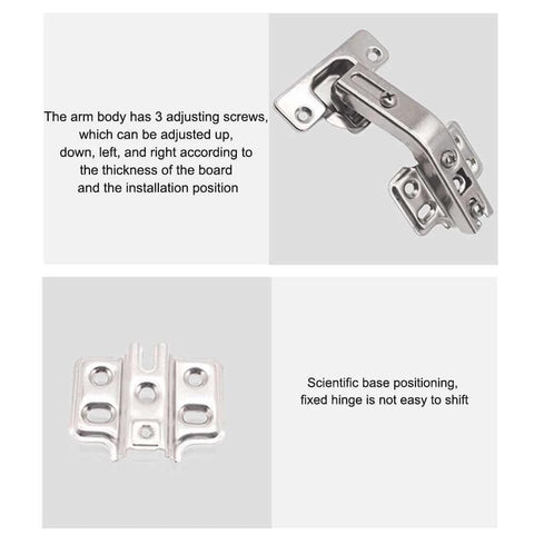Close-up view of stainless steel ✝️ 2-Pack 2PCS Cabinet Hinges with scientific base and adjustable arm, showing adjustment screws.