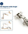 135 Degree Concealed Kitchen Cabinet Hinges For Bi Fold Doors, 2 Pack, shown in satin nickel with 135-degree wide angle design diagrams