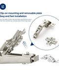 135 Degree Concealed Kitchen Cabinet Hinges For Bi Fold Doors, 2 Pack, showing clip-on mounting and removable plate details