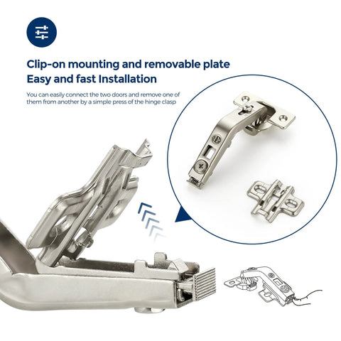 135 Degree Concealed Kitchen Cabinet Hinges For Bi Fold Doors, 2 Pack, showing clip-on mounting and removable plate details
