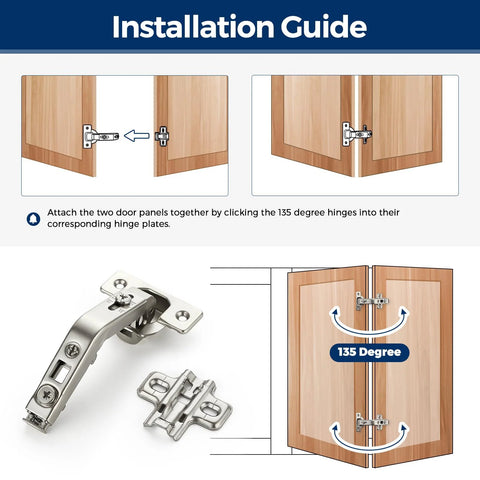 Installation guide for 135 Degree Concealed Kitchen Cabinet Hinges For Bi Fold Doors, highlighting hinge placement on wooden doors.