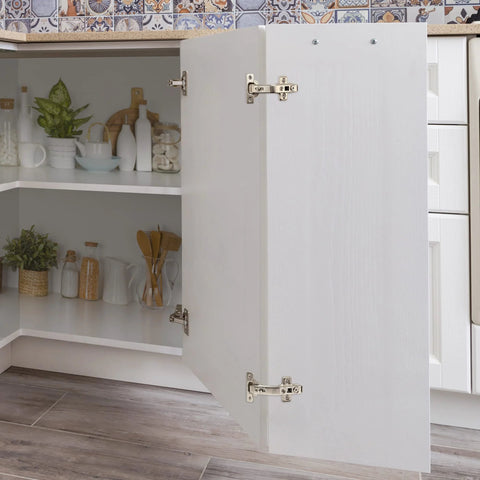 135 Degree Concealed Kitchen Cabinet Hinges For Bi Fold Doors, 2 Pack installed on white cabinet, maximizing blind corner storage