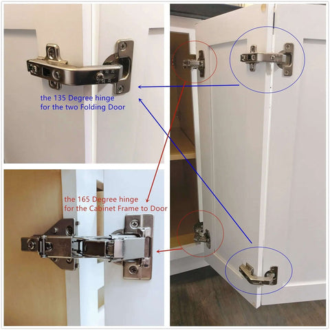 Corner Cabinet Hinge 135 Degree Beefy Heavy Duty Folding Door Hinge for Kitchen Corner Cabinets shown installed on white cabinet