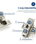 Close-up of 135 Degree Concealed Kitchen Cabinet Hinges for Bi Fold Doors, highlighting 4-way adjustability features, satin nickel finish.