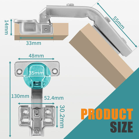 Diagram of 165 Degree and 135 Degree Soft Close Cabinet Hinges showing dimensions for Lazy Susan bifold doors, concealed hinges.