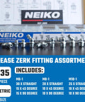 Grease Fittings Kit With 135-Piece Metric Zerk Assortment, NEIKO brand display showing M6-M10, zinc-plated steel fittings on a table.