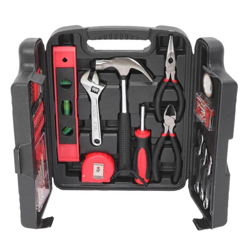 136 Piece Tool Set General Household Hand Tool Kit with Plastic Toolbox Storage Case, open view showing tools like pliers and hammer