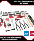All In One 118 Piece Home Repair Tool Set With Hammer, Adjustable Wrench, Pliers, Level And Ratchet Socket Kit for DIY projects.