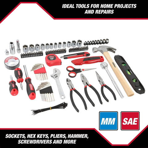 All In One 118 Piece Home Repair Tool Set With Hammer, Adjustable Wrench, Pliers, Level And Ratchet Socket Kit for DIY projects.