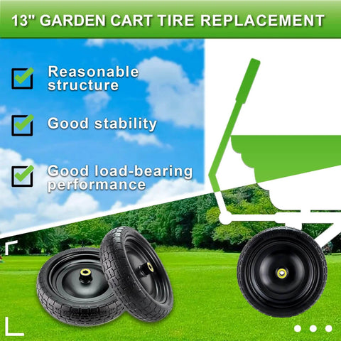 ✝️ 13" flat-free tire and wheel for 13"garden cart tire replacement with 5/8" axle borehole, 2.1" offset hub displayed on grass