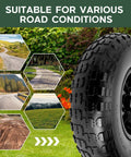 1 PC 13 Inch Rubber Solid Flat Free Replacement Tires and Wheels 4.00-6 showing suitability for various road conditions