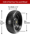 4.00-6 flat free tire and wheel, 13" diameter, 3.15" width, 8" rim, solid rubber, for gorilla carts, with 5/8" bearings and 2.1" offset