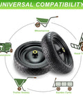 13" flat-free tire and wheel for 13"garden cart tire replacement with 5/8" axle borehole, shown with universal compatibility icons