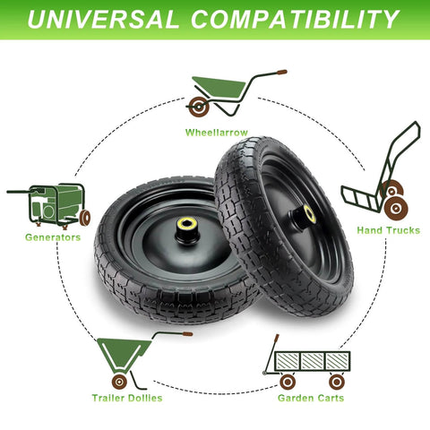 13" flat-free tire and wheel for 13"garden cart tire replacement with 5/8" axle borehole, shown with universal compatibility icons