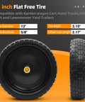 4 Pack 13 Inch Flat Free Solid Tire and Wheel with 5/8 Inch Axle Bore and 2.17 Inch Offset Hub displayed front and side view