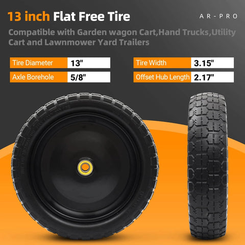 4 Pack 13 Inch Flat Free Solid Tire and Wheel with 5/8 Inch Axle Bore and 2.17 Inch Offset Hub displayed front and side view