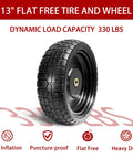 13" flat free tire and wheel with dynamic load capacity 330 lbs, shown with no inflation, puncture-proof, heavy duty features