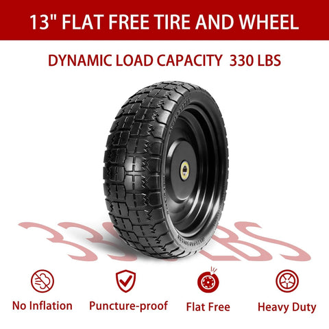 13" flat free tire and wheel with dynamic load capacity 330 lbs, shown with no inflation, puncture-proof, heavy duty features