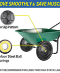 Green wheelbarrow with 13" flat-free solid tire and wheel, 5/8" axle bore hole, 2.2" offset hub, replacement 4.00-6 for garden use.
