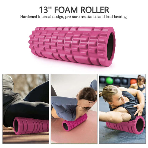 13-inch pink foam roller from 5 in 1 Foam Roller Set With Trigger Point Roller Massage Stick Massage Ball And Resistance Band For Deep Muscle Relief And Recovery Suitable For Pilates Yoga Fitness And Full Body Stretches.