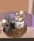 13 Inch Lazy Susan Turntable Organizer With Higher Metal Guardrails on bathroom counter with cosmetics and makeup brushes