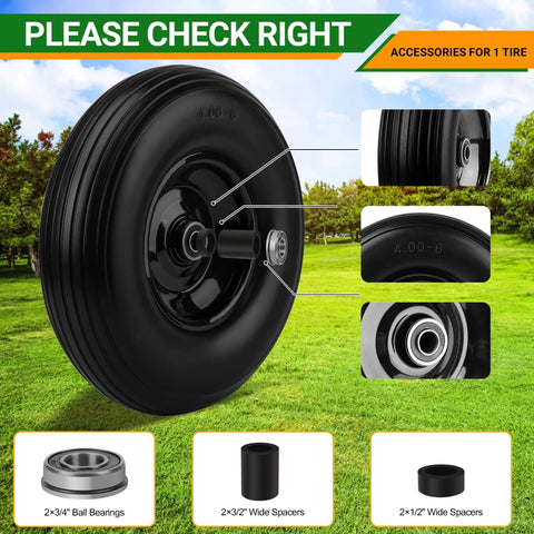Upgrade 13inch wheelbarrow tires 4.00-6 flat free tire and wheel with 5/8" & 3/4" bearings, accessories shown for wheel replacement