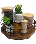 13 Inch Lazy Susan Turntable Organizer With Higher Metal Guardrails 360 Degree Rotating Wooden Storage With Jars And Plants