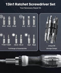 13-In-1 Ratchet Screwdriver Set With Built-In Bit Storage showing full range of bits and unique storage design.