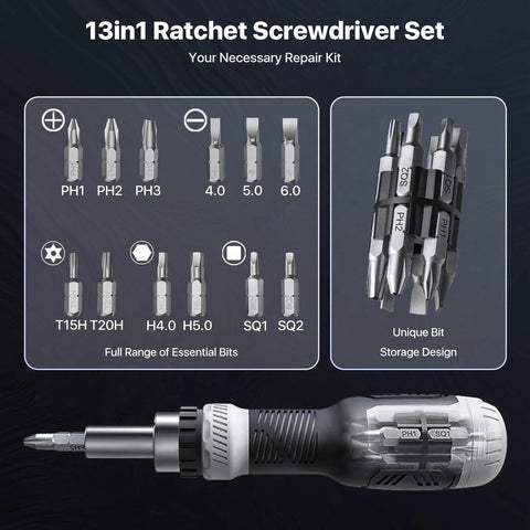 13-In-1 Ratchet Screwdriver Set With Built-In Bit Storage showing full range of bits and unique storage design.