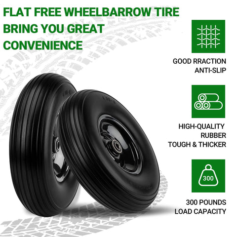 Flat free wheelbarrow tire, good traction, high-quality rubber, 300 lbs load capacity. Upgrade 13inch wheelbarrow tires 4.00-6 flat free tire.