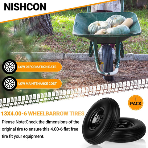 13x4.00-6 flat free wheelbarrow tire by Nishcon with pumpkins in wheelbarrow, low deformation rate