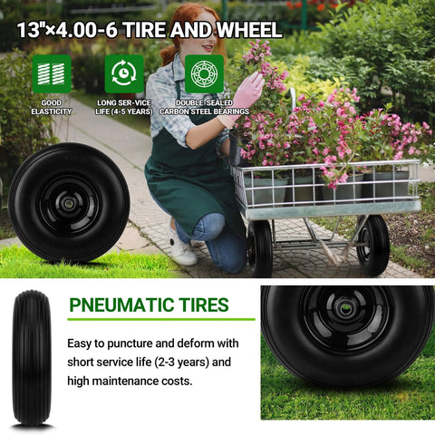 Upgrade 13inch wheelbarrow tires 4.00-6 flat free tire with 5/8" & 3/4" bearings, 1.77"-5.75" center hub near garden cart