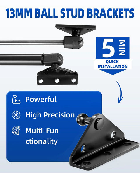 13mm Ball Head Gas Struts Mounting Bracket Set with angled and flat mounts, showing installation process and bracket details