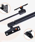 Close-up of 13mm Ball Stud Mounting Brackets with angled L-type and flat mounts, screws, and black gas strut for 200 lbs lift O Mat kits.