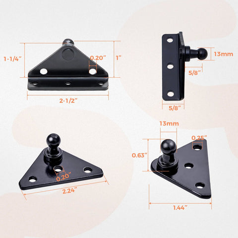 13mm Ball Stud Mounting Brackets With Two Angled L Type Mounts And Two Flat Type Mounts, dimensions labeled, black, for gas struts.