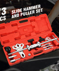 Open case of 8-Way Slide Hammer Dent Puller Set with 5 lb Hammer Auto Body Repair Kit for front wheel drive hubs and rear axle shafts.